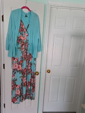 IMAN Turquoise Floral Maxi Dress with Pink and Green Accents